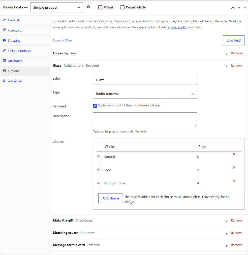 The product's Options tab