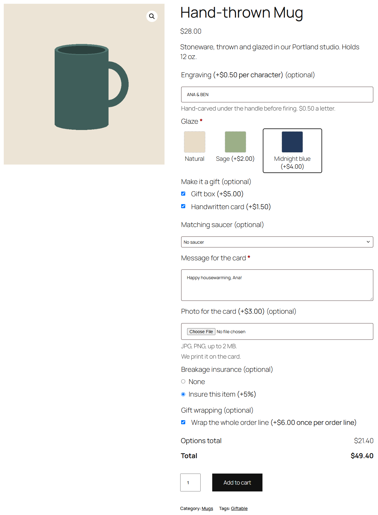 Swatches and a file upload on the product page