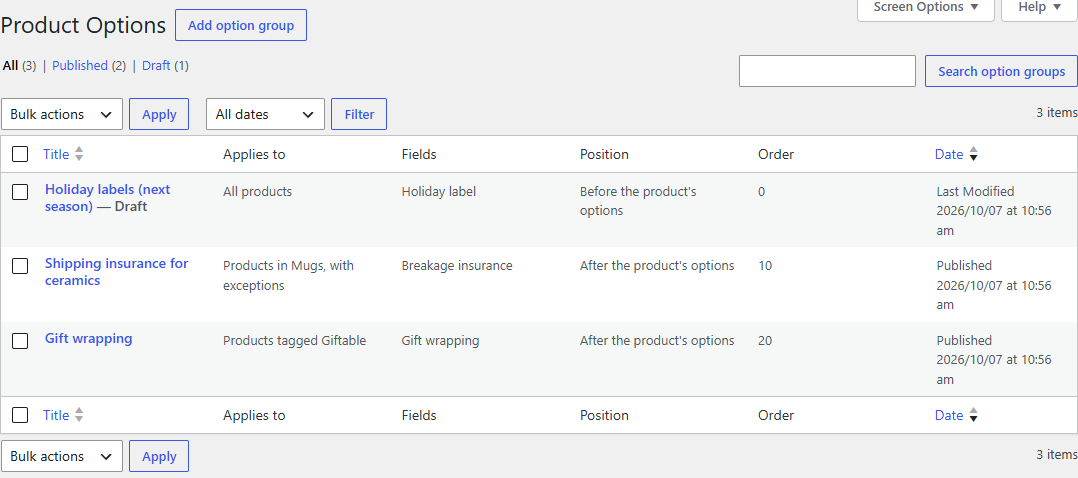 WooCommerce → Product Options