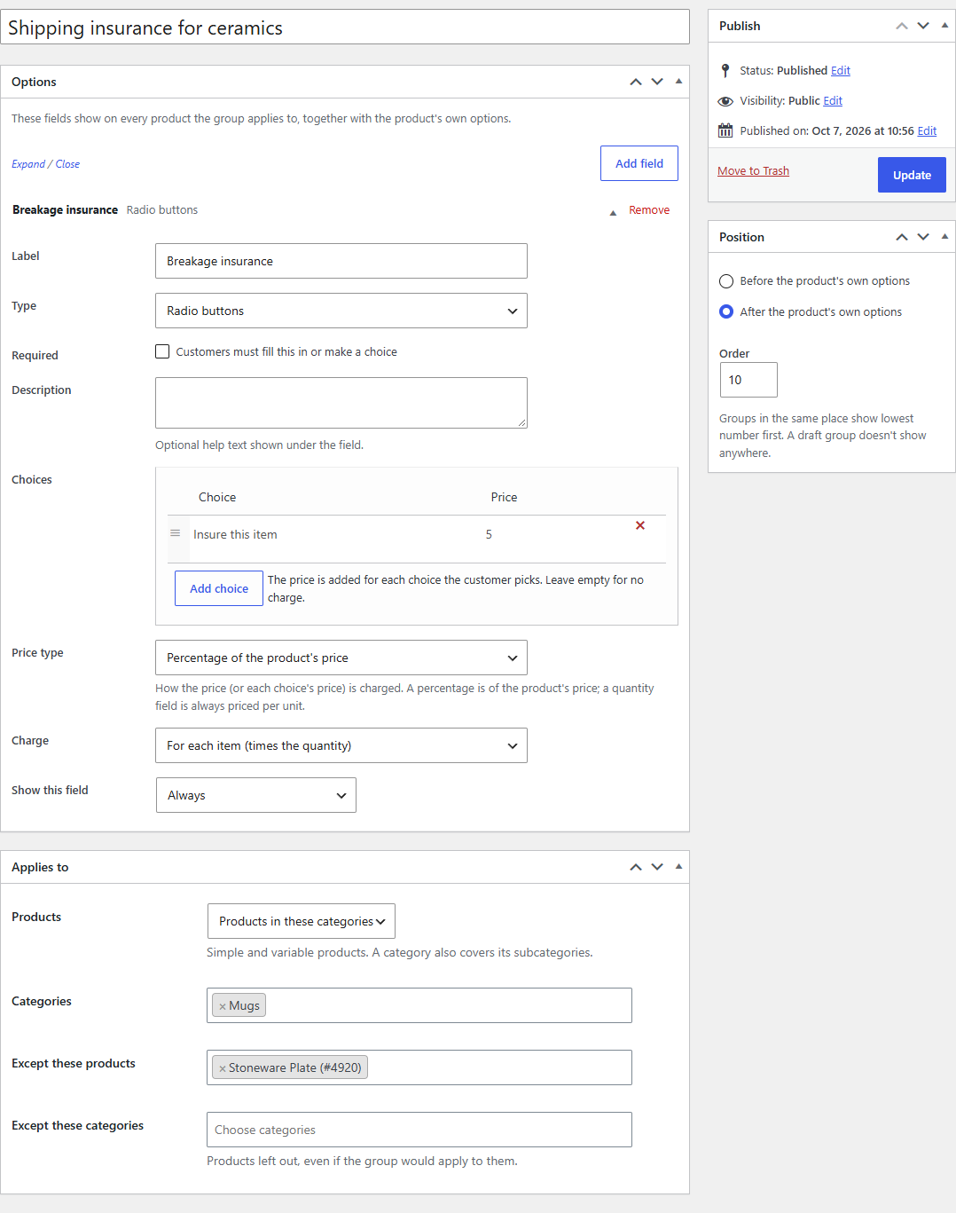 An option group's settings
