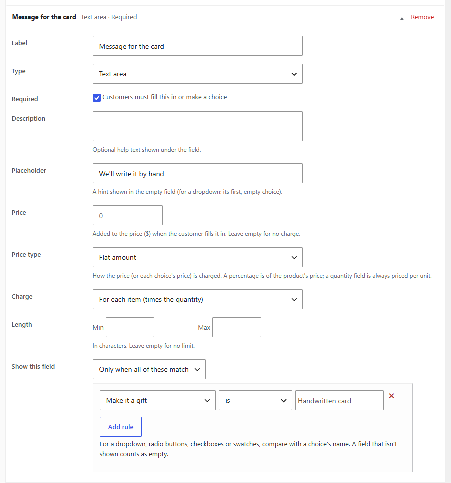 A conditional field in the field's settings