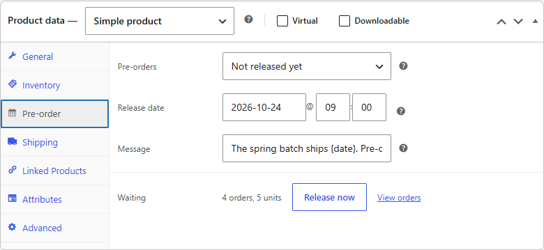 The Pre-order tab of a product