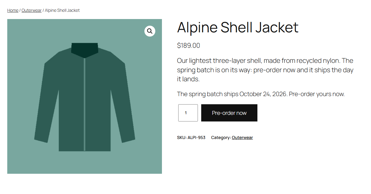 A product page taking pre-orders