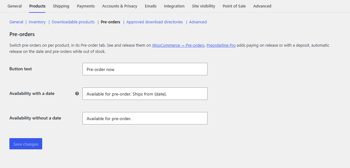 The Pre-orders settings