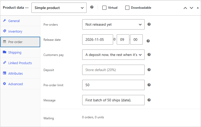 A pre-order limit on the Pre-order tab