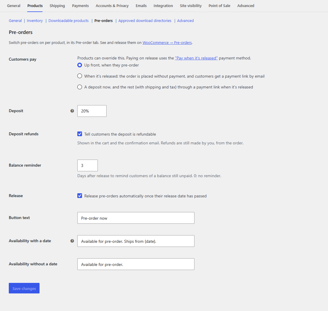 The store-wide Pre-orders settings with Pro's