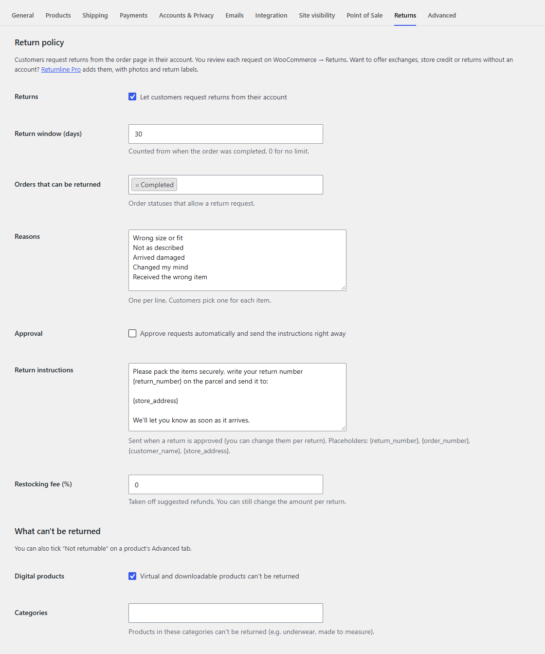 Settings → Returns