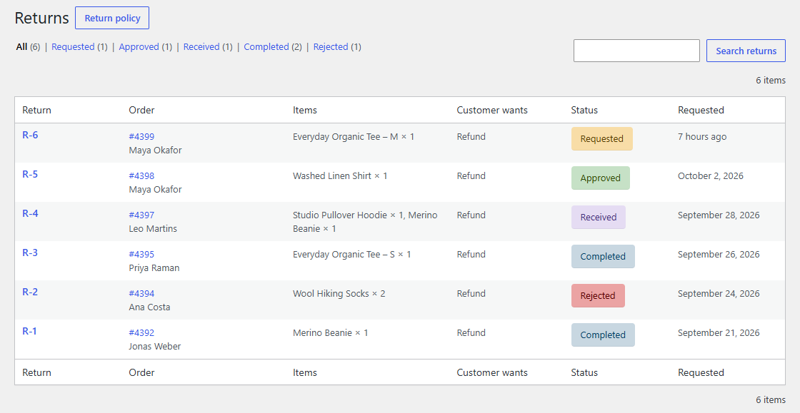 WooCommerce → Returns