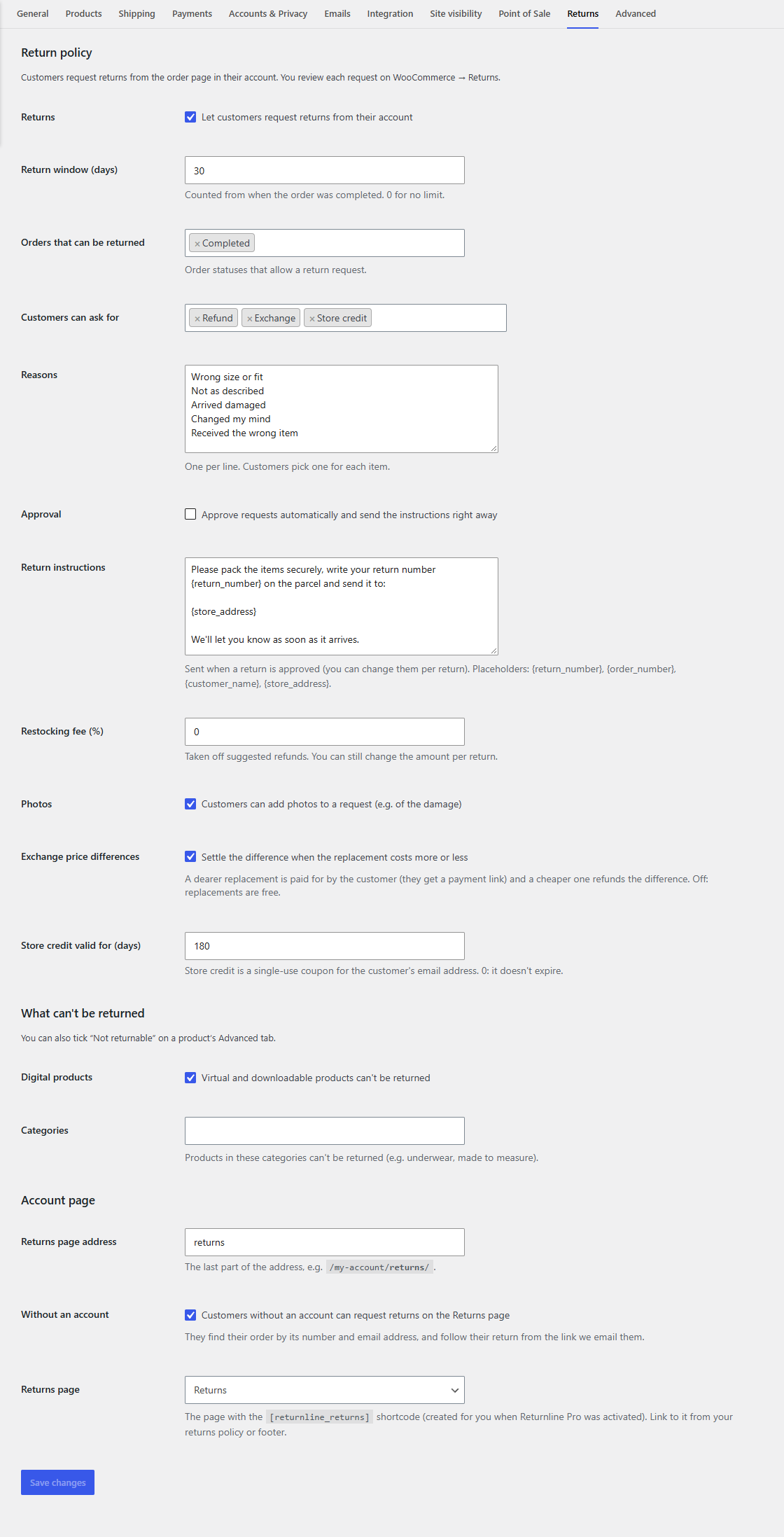 Settings → Returns with Returnline Pro
