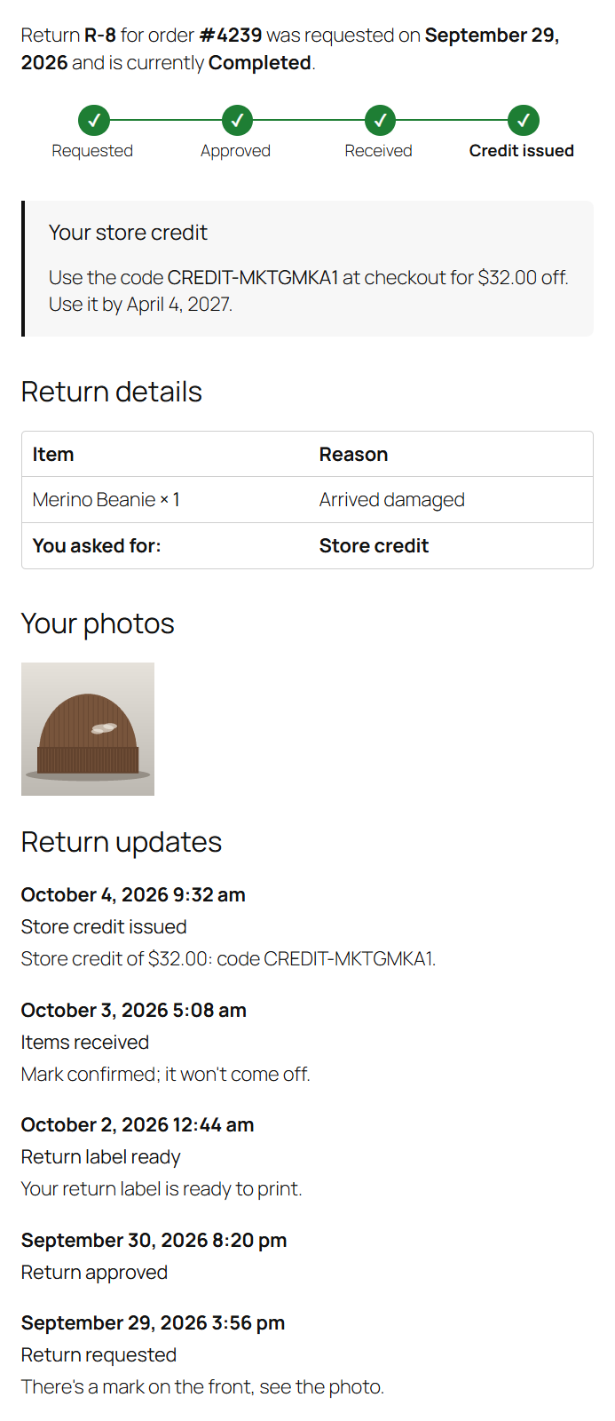 A guest's return, completed with store credit