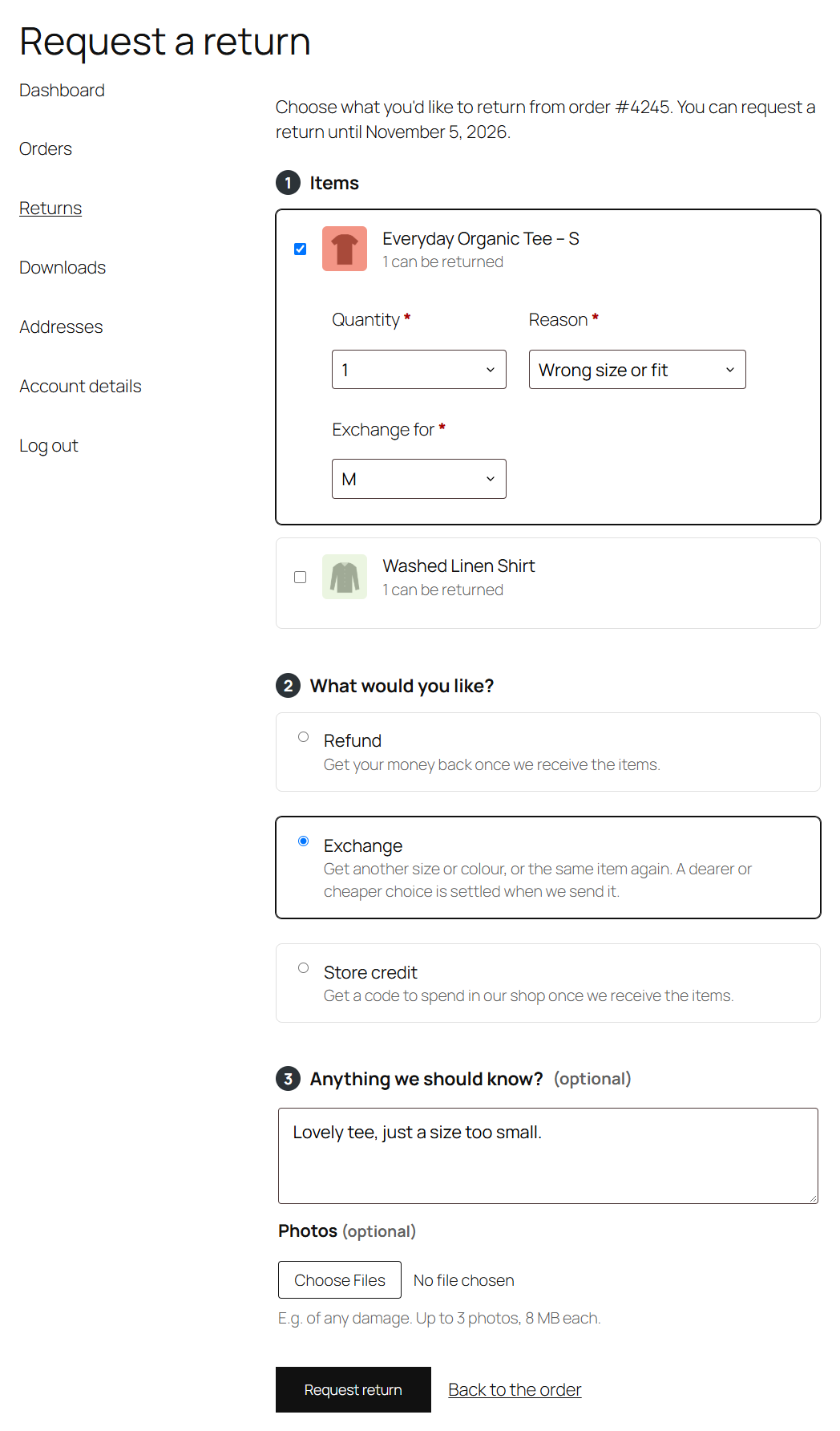The request form with an exchange