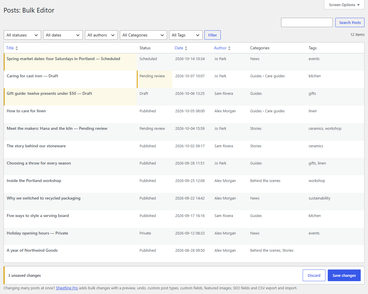 The Bulk Editor, with a few cells changed and not yet saved