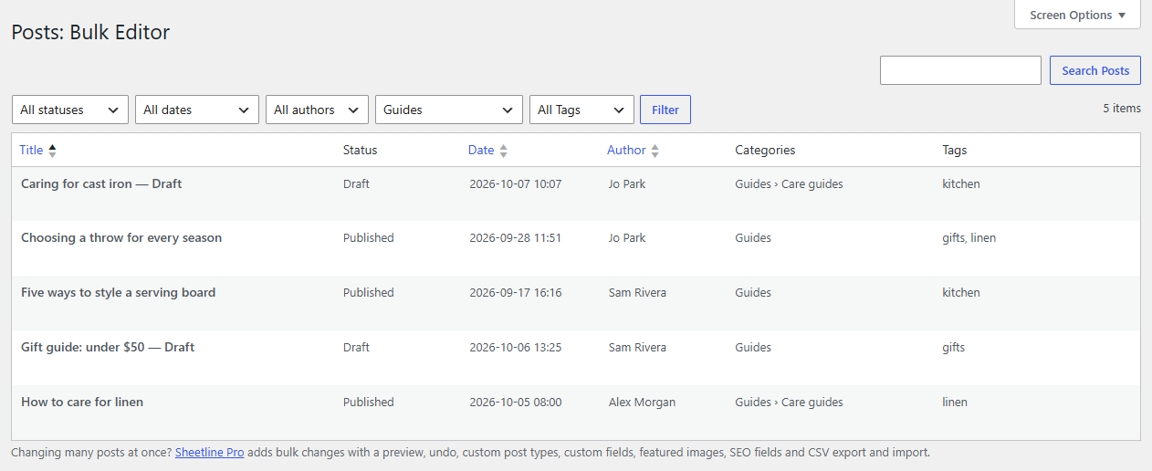 Posts filtered to one category and sorted by title
