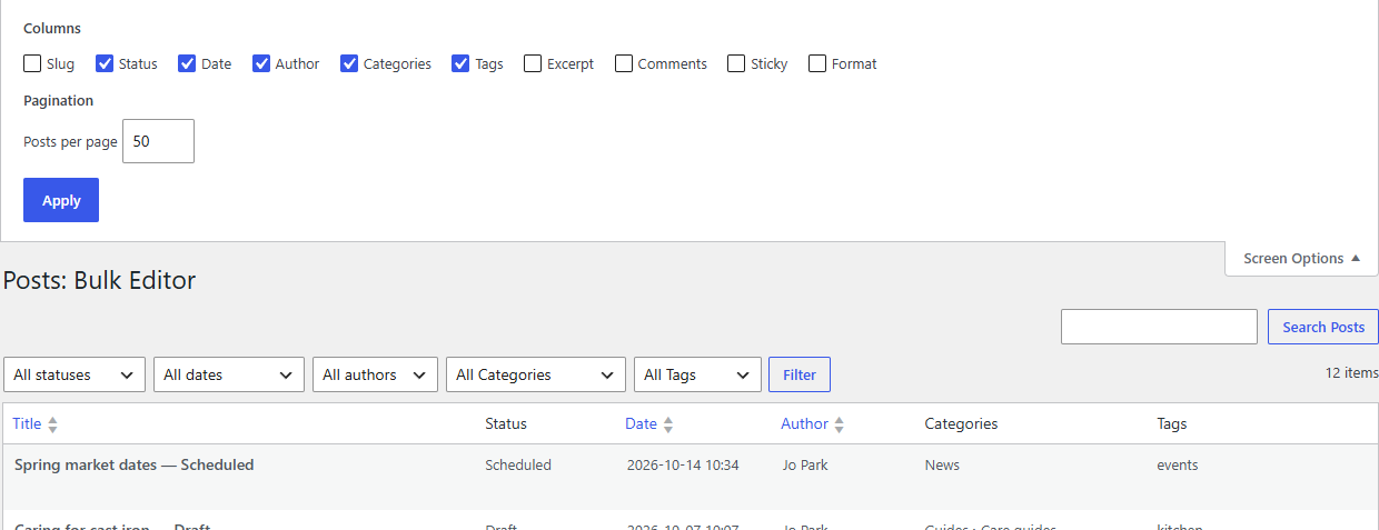 Columns and posts per page in Screen Options