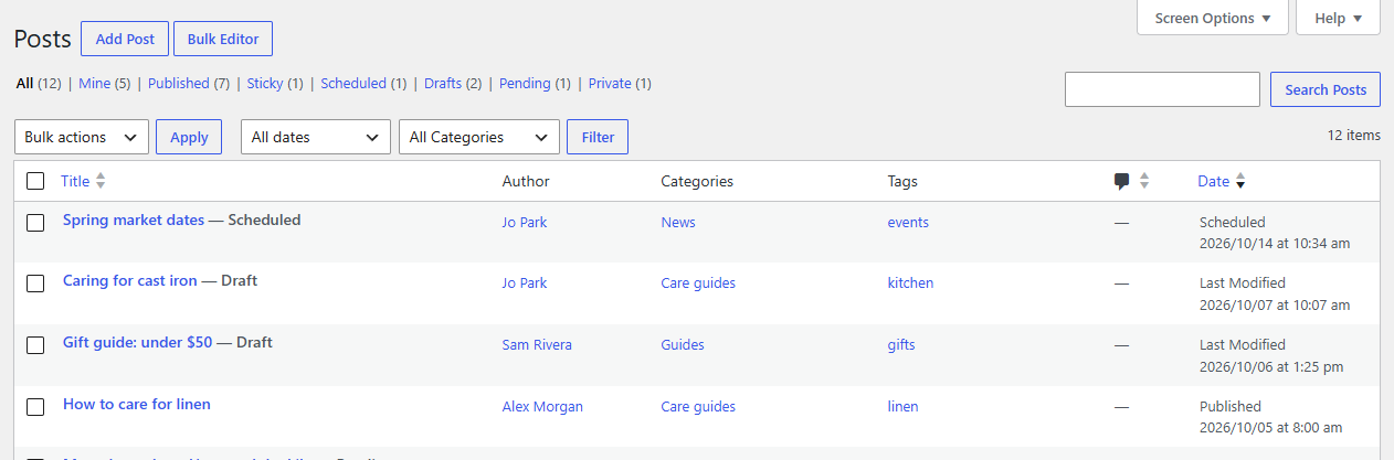The Bulk Editor button on the Posts screen