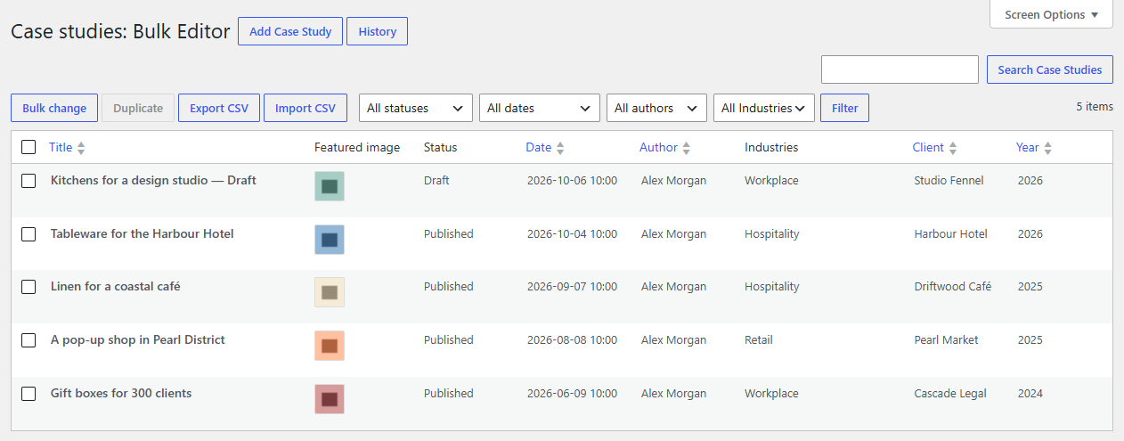 A custom post type's Bulk Editor