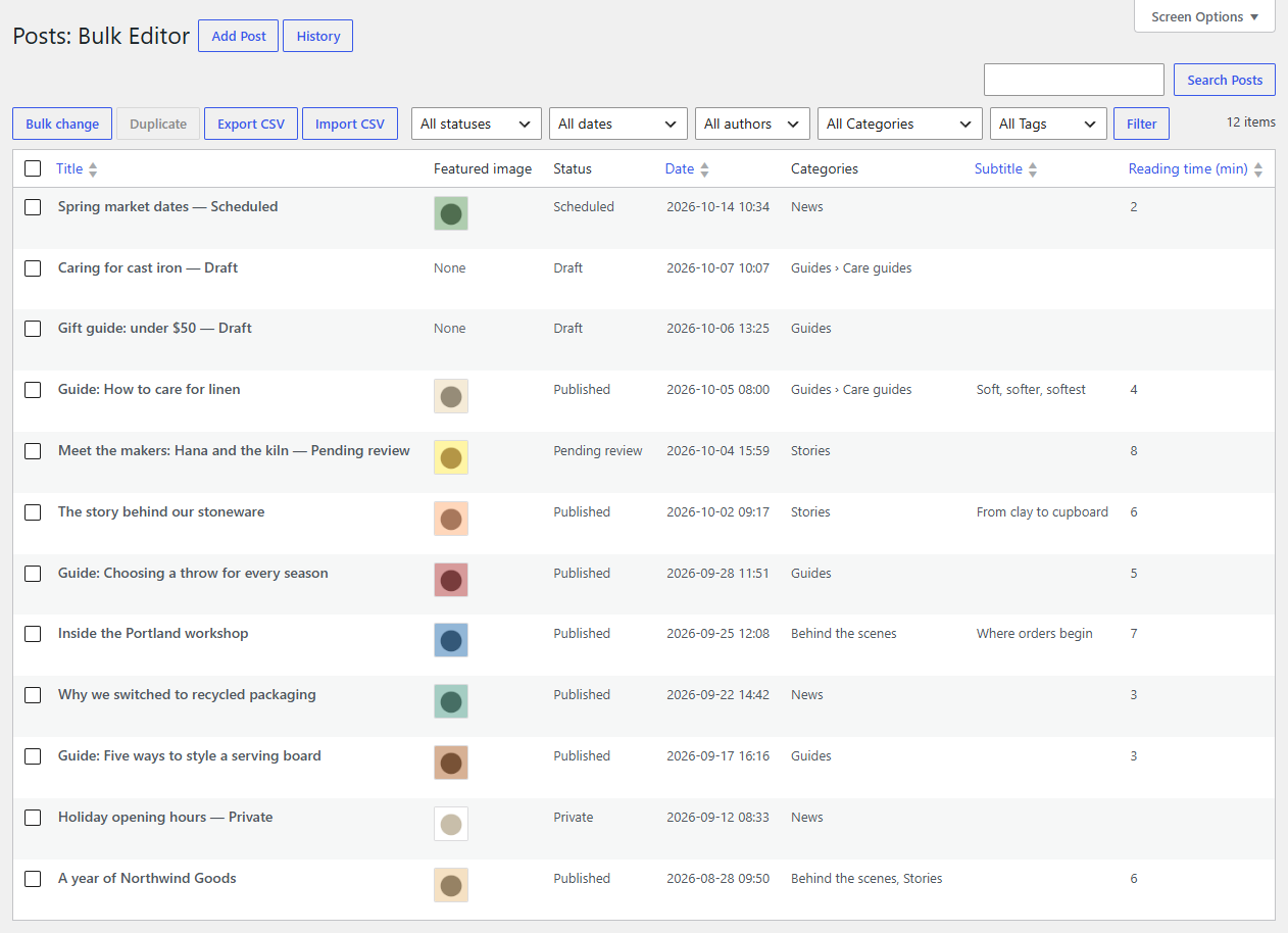 Featured images and custom fields as columns