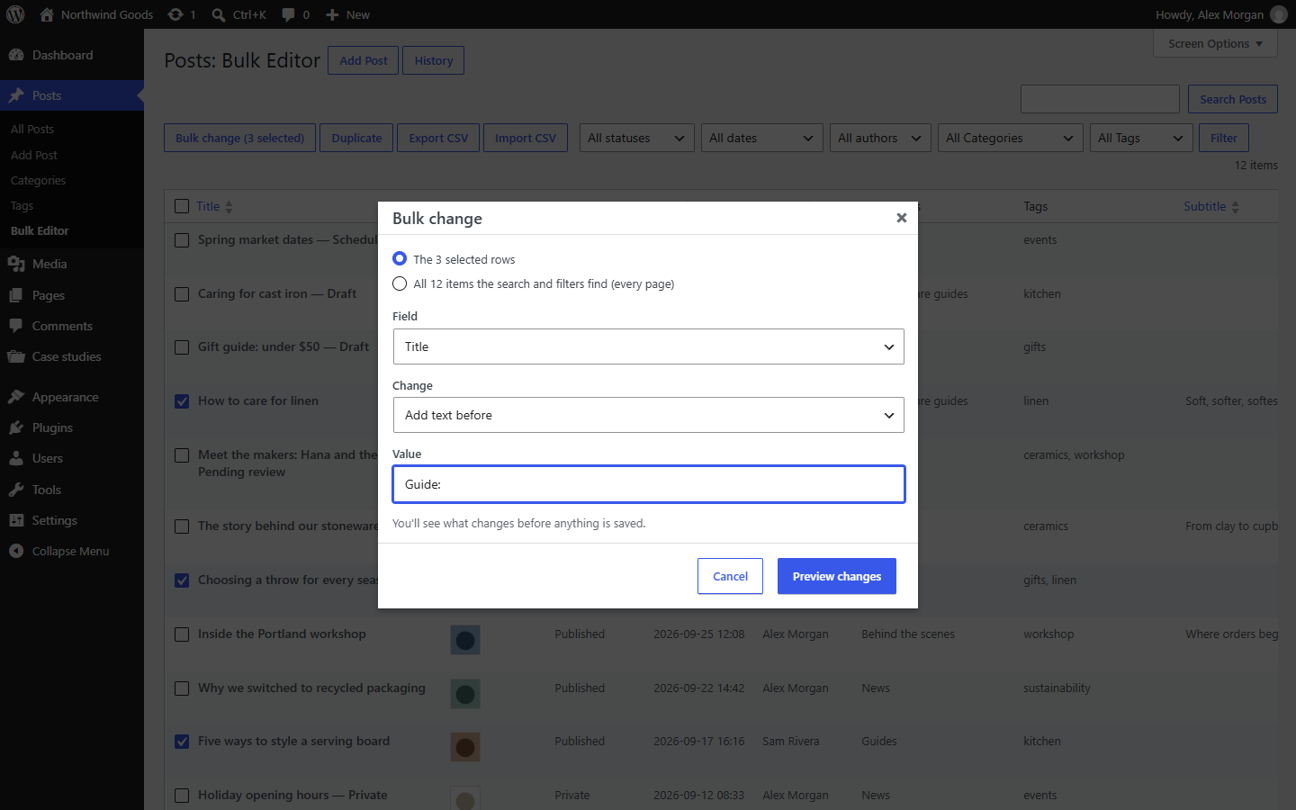 The Bulk change dialog