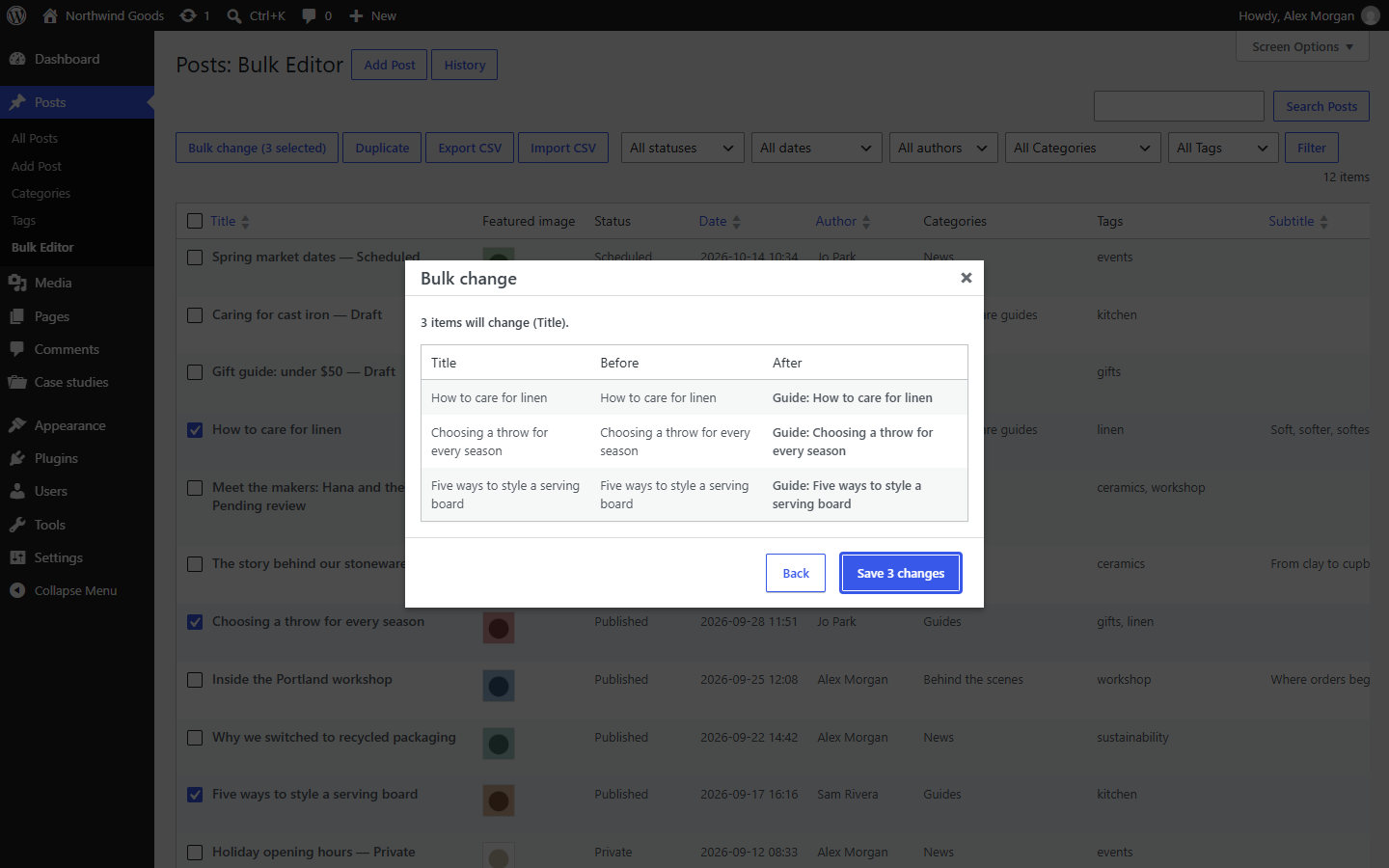 The preview of a bulk change
