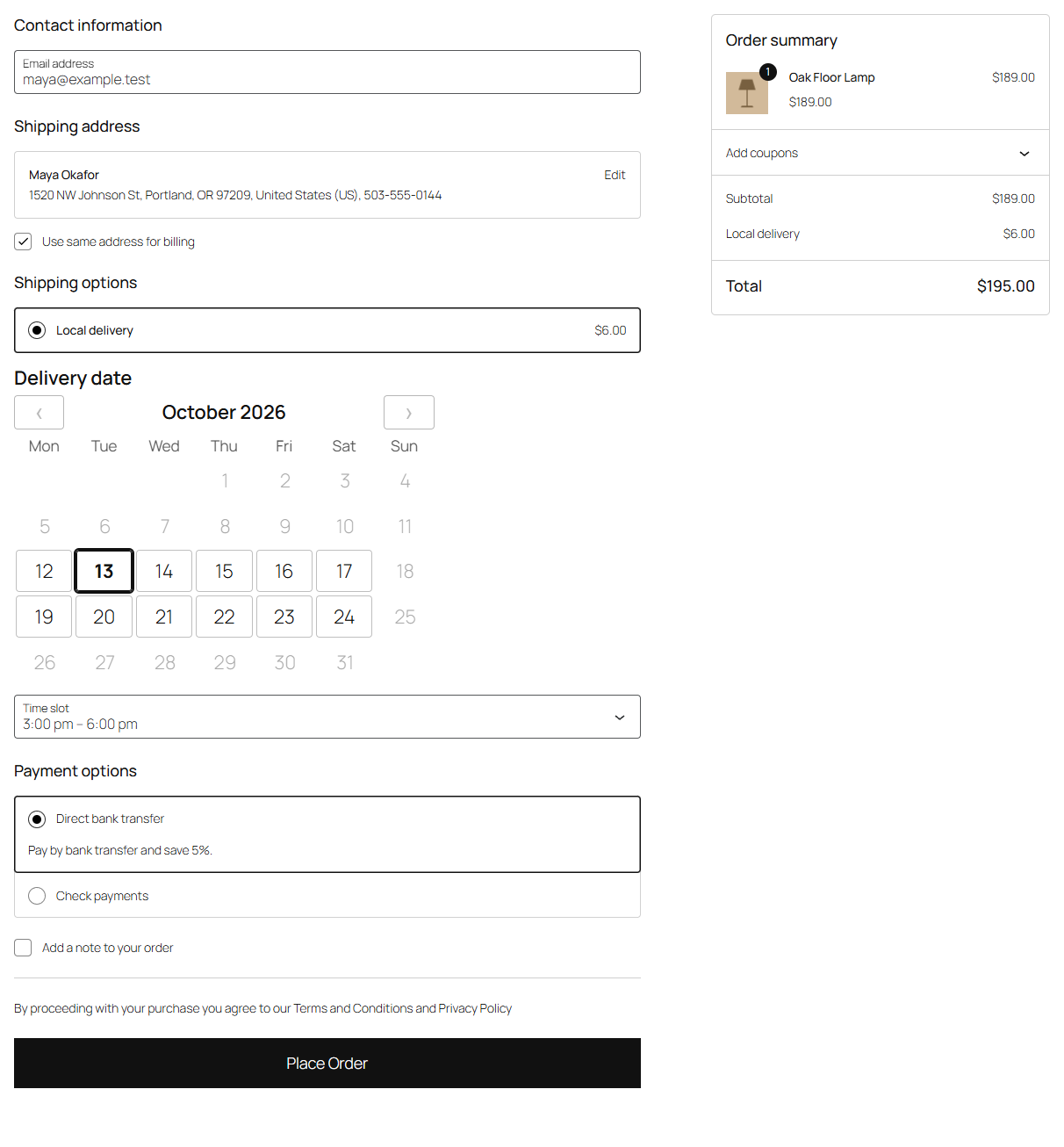 The delivery date and time slot at checkout