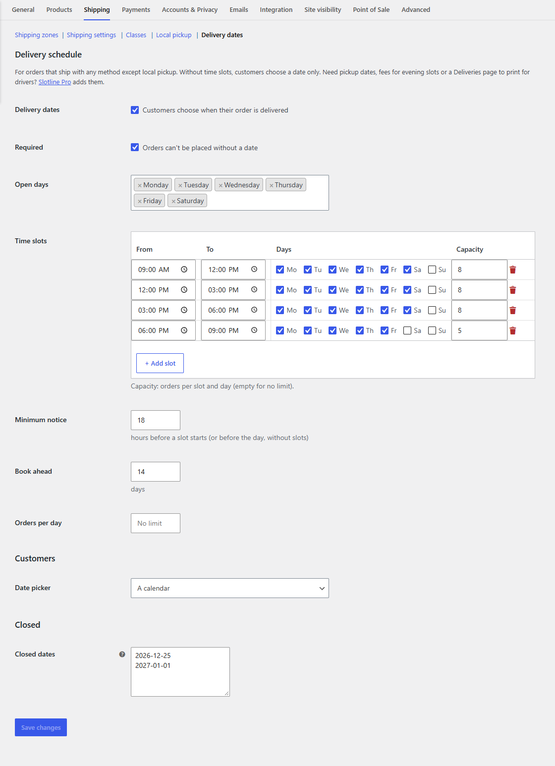 The Delivery dates settings