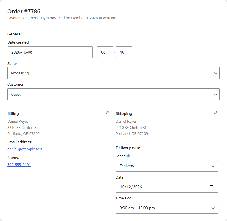 The delivery date on the order screen