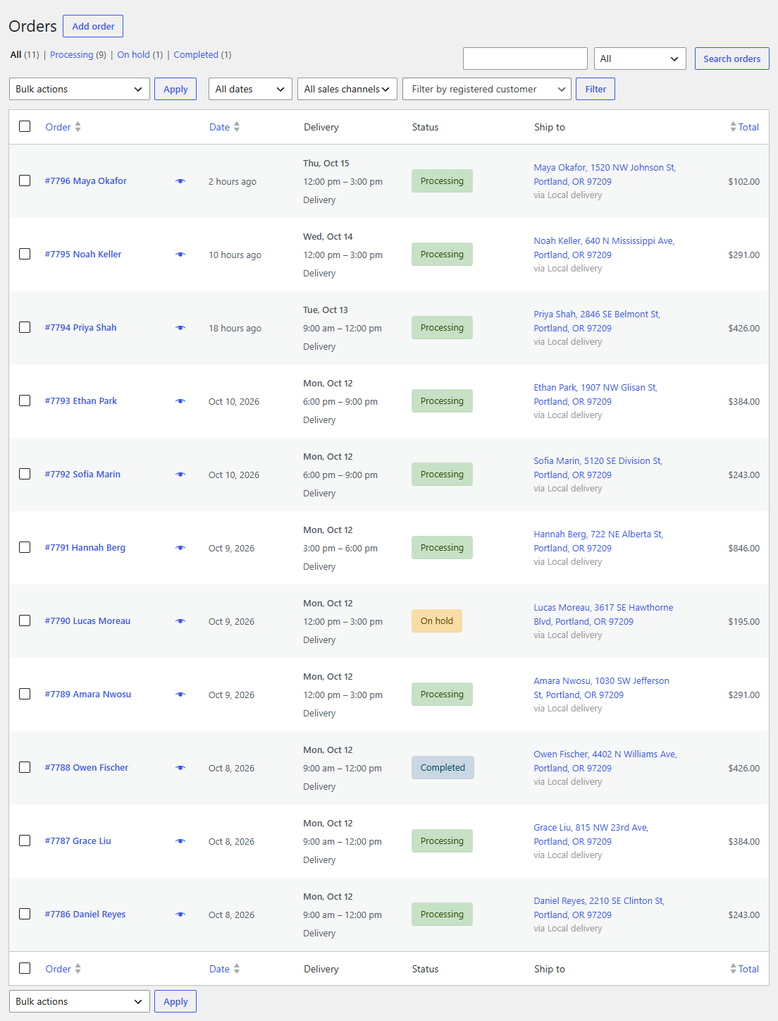 The Delivery column on the orders list