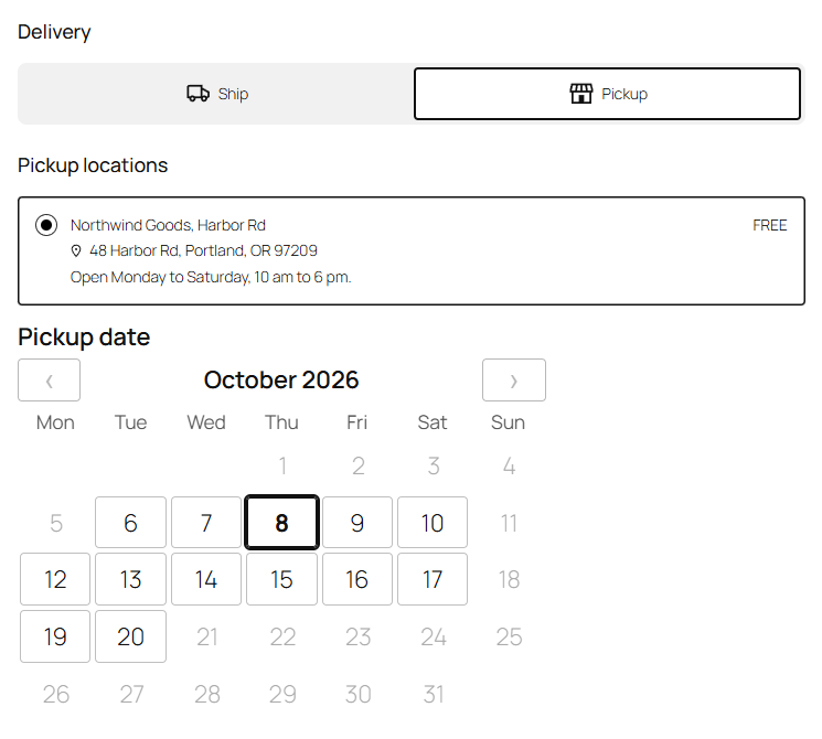A pickup date at checkout, without time slots