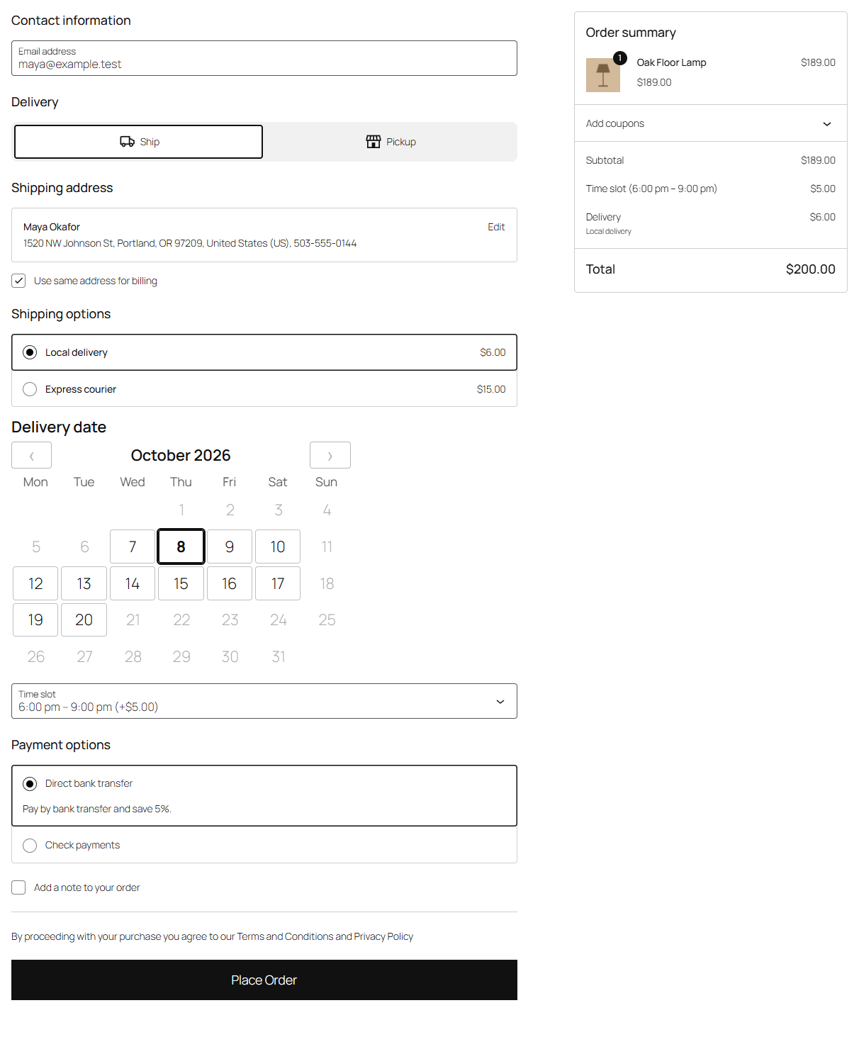 An evening slot's fee at checkout