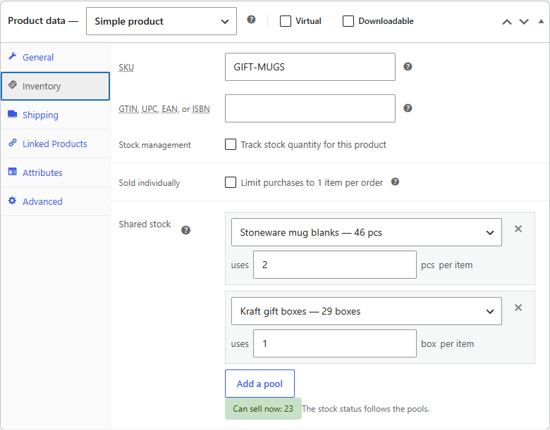 Pools on a product's Inventory tab
