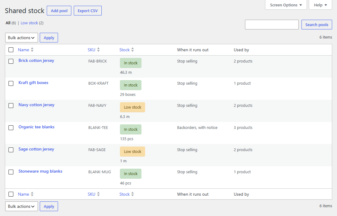 Products → Shared stock: every pool with its stock state