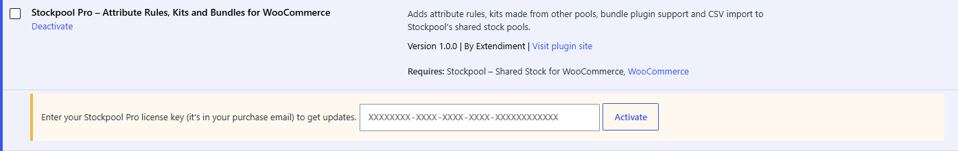 The license box under Stockpool Pro on the Plugins screen