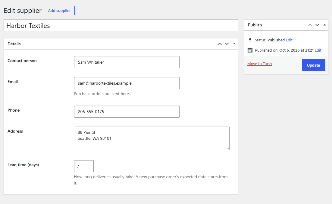 A supplier's details