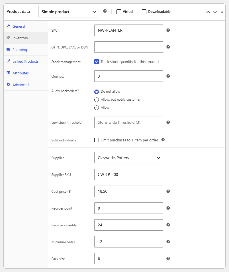 The purchasing fields on a product's Inventory tab