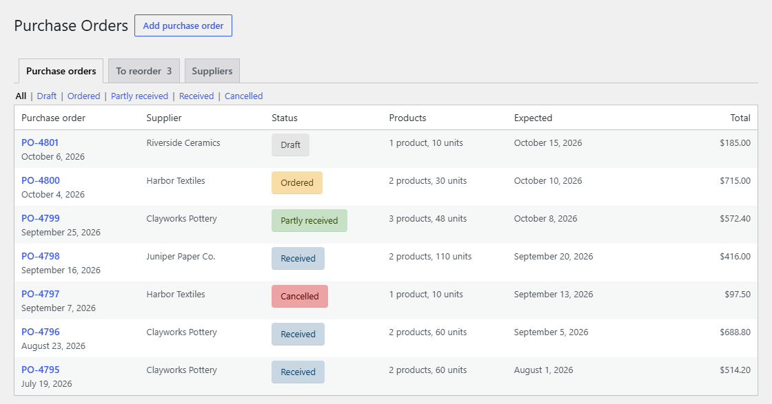 The purchase orders list