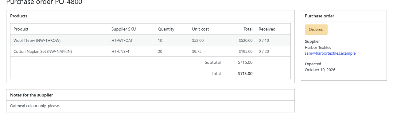 A purchase order's print view
