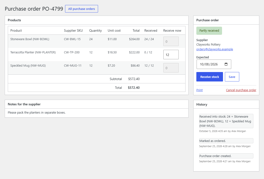 Receiving a purchase order in parts