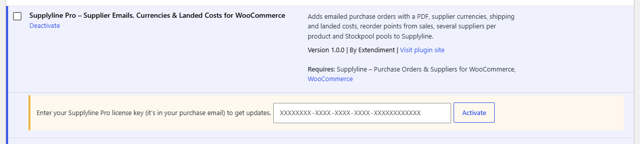 The license box under Supplyline Pro on the Plugins screen