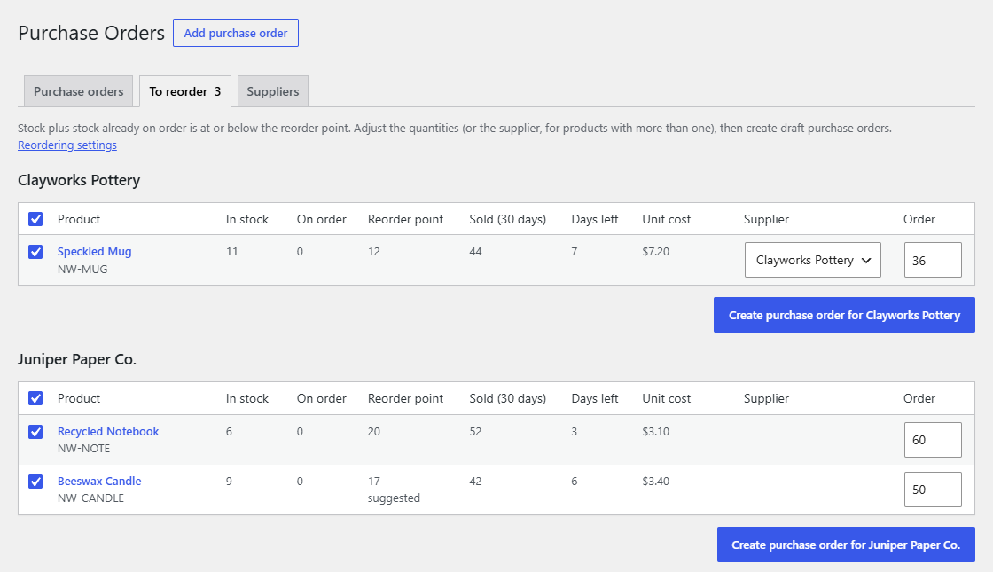 Choosing a supplier on To reorder