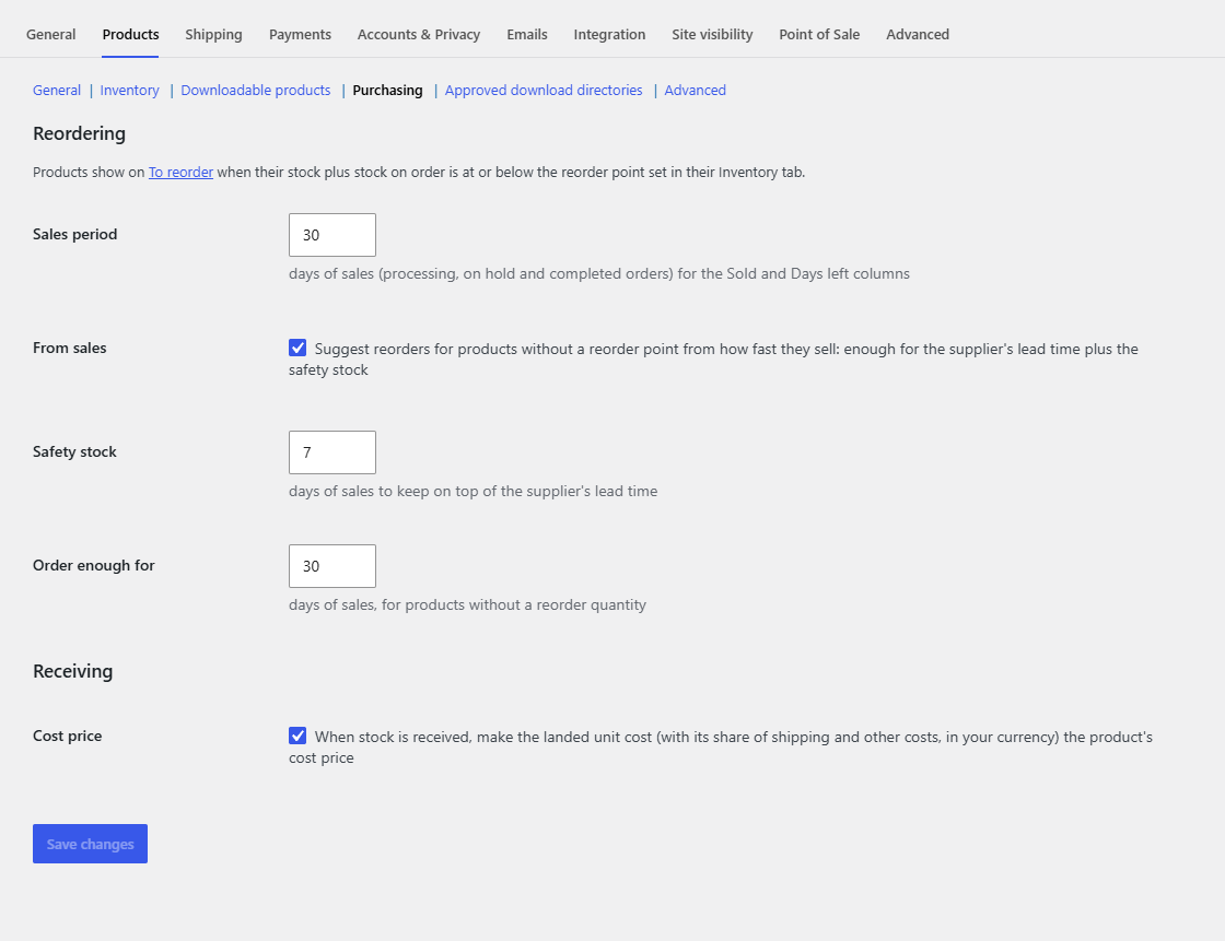 The Purchasing settings with Supplyline Pro