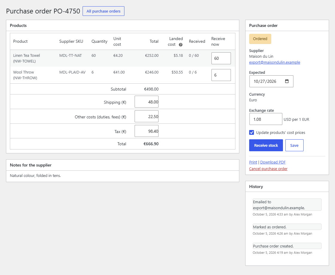 A purchase order in euros with shipping, other costs and tax