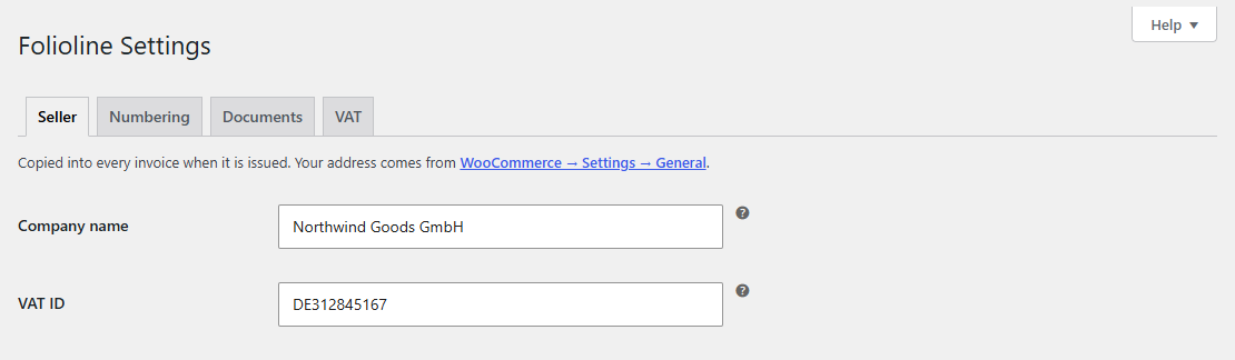 The Seller tab of the Folioline settings, with the Company name and VAT ID fields