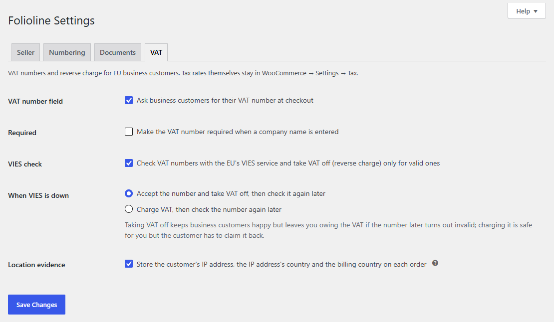 The VAT tab of the Folioline settings: VAT number field, Required, VIES check, When VIES is down and Location evidence