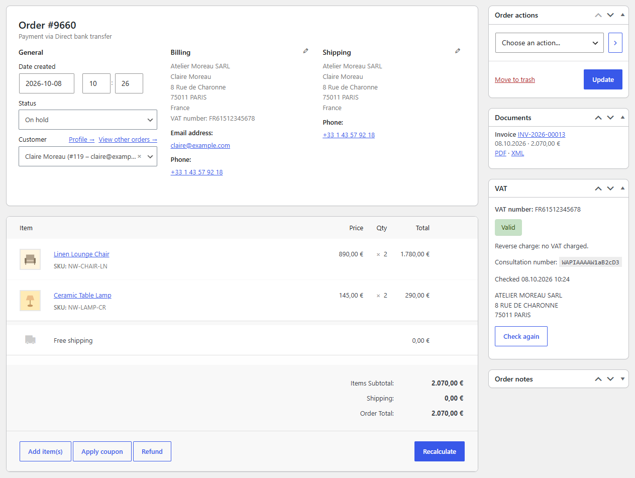 An order screen with the VAT box on the right: the VAT number, a Valid status, "Reverse charge: no VAT charged.", the consultation number, the name and address from VIES, and the Check again button