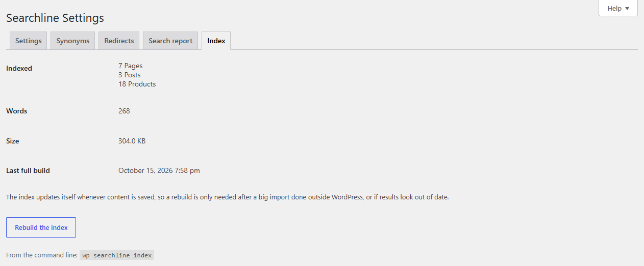 The Index tab: how many pages, posts and products are indexed, the number of words, the index size, when it was last fully built, and the Rebuild the index button.