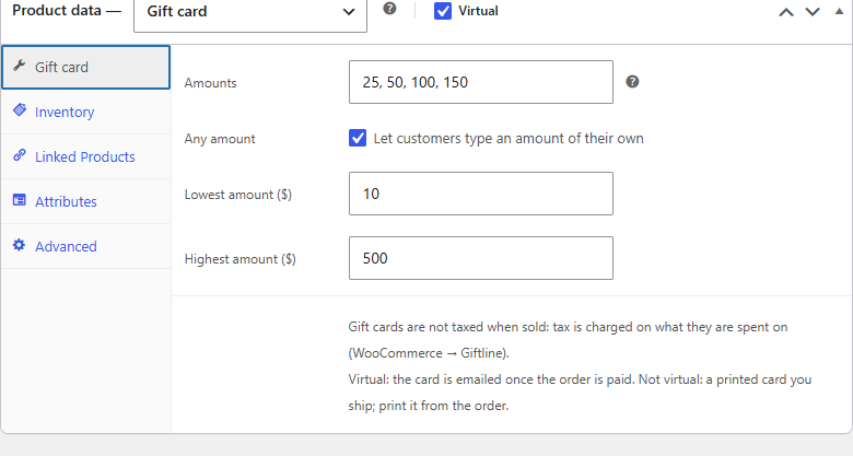 The Gift card tab in the Product data box, with the amounts, the Any amount box, the lowest and highest amounts, and Virtual ticked at the top