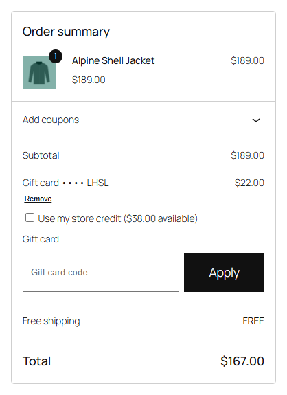 The order summary at checkout: the gift card as its own row in the totals with a Remove link, the Gift card field with its Apply button, and the rest of the total left to pay
