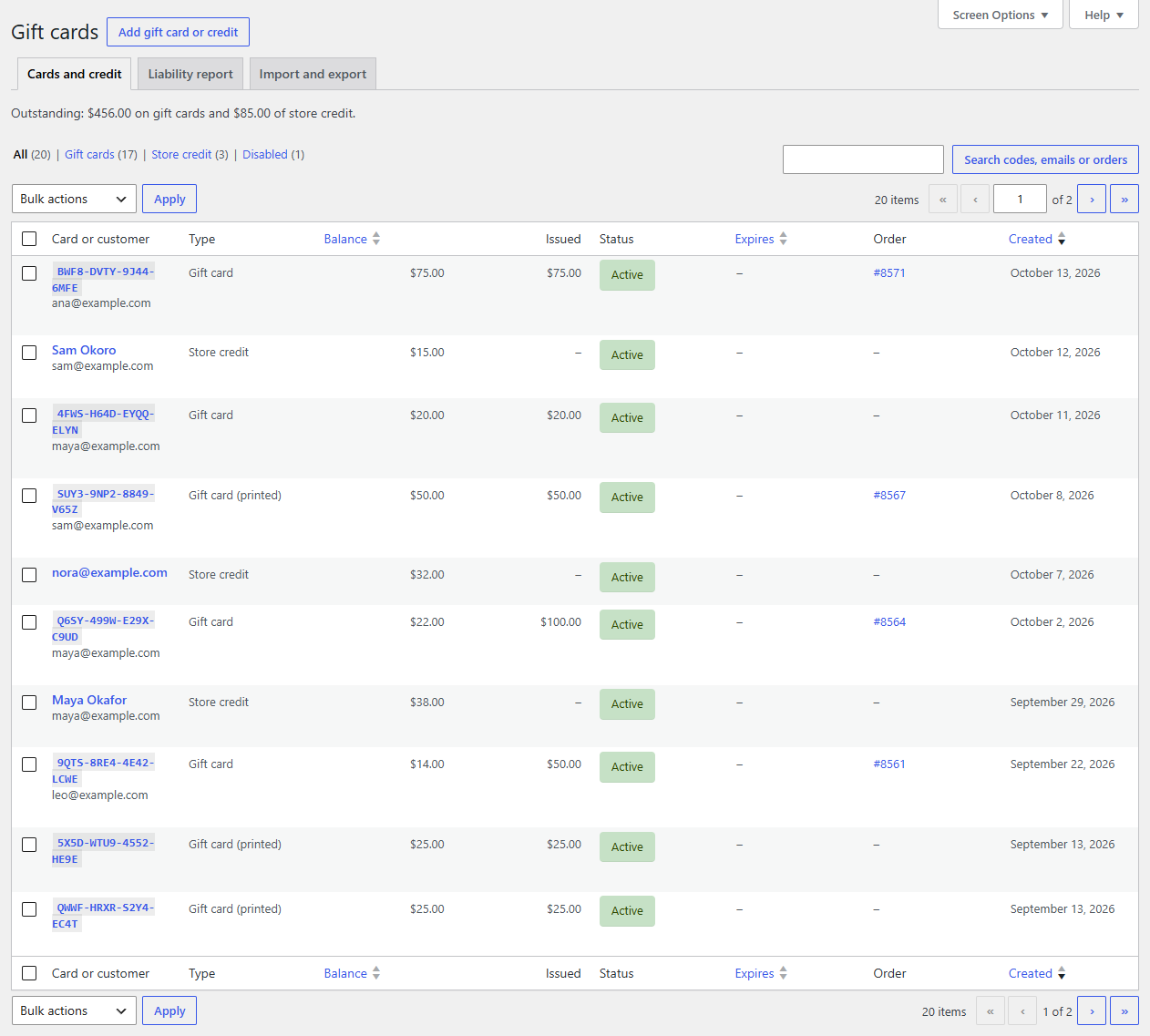 The Gift cards list: each card's code and email, type, balance, amount issued, status, order and date