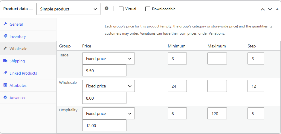 A product's Wholesale tab: a price for each group, with Minimum, Maximum and Step quantities
