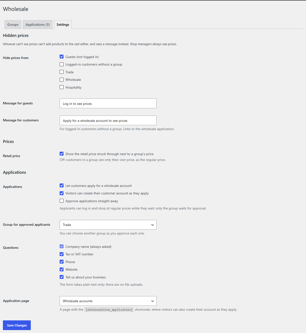 The Wholesale Settings tab: Hidden prices, the Retail price option, and the Applications settings with the questions and the application page